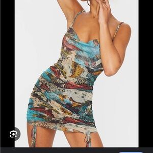 NWT PrettyLittleThing Multi 🦋Print Strappy Ruched Tie Hem Bodycon Dress